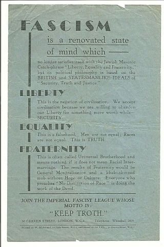 Rare 1930s British Ifl Leaflet Handbill Fascism; Imperial Fascist League (leese)