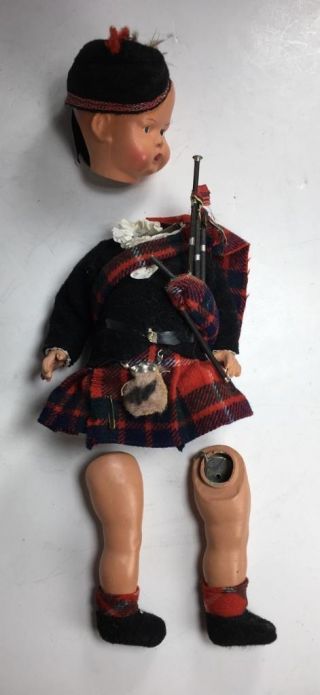 Vintage Composition Scottish 12 " Doll W/ Bagpipes - Moveable Joints For Repair