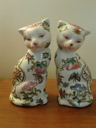 Antique Chinese Hand Painted Rose Canton Porcelain Cats 7 "