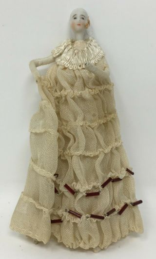 Antique Vintage Bisque Porcelain & Cloth Dollhouse Doll W Wire Arms & Legs