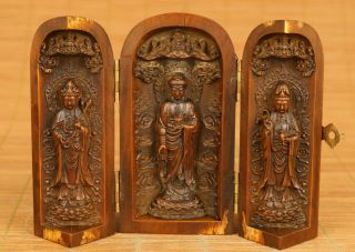 Old Antique Boxwood Hand Carved Buddha Guanyin Statue Figure Box Decoration Gift