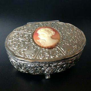 Antique Victorian/edwardian Oval Metal Trinket Box Carved Shell Cameo Japan Mark