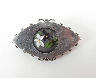 Antique Victorian Enameled Sterling Silver Pin / Brooch With Pansies