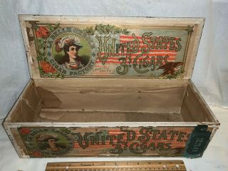 Antique United States Cigar Wood Box Vintage Tobacco Patriotic Flag Belle Creole