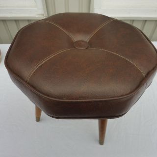 Vtg Mcm Large Button Pattern Brown Vinyl Ottoman Foot Stool Pouf Tapered Legs
