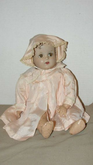 Vintage Composition Baby Doll W/ Pink Coat & Bonnet - Needs Tlc