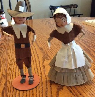 Vintage Antique Scarce Thanksgiving Crepe Paper Pilgrim Doll Couple Man Lady