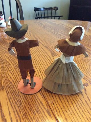 Vintage Antique SCARCE Thanksgiving Crepe Paper Pilgrim Doll Couple Man Lady 2