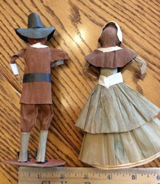 Vintage Antique SCARCE Thanksgiving Crepe Paper Pilgrim Doll Couple Man Lady 3