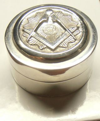 Antique " Sterling Silver Snuff Box/pill Box " - Raised Masonic Symbol On Lid