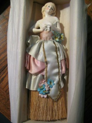 Antique Porcelain Half Doll Whisk Broom German Ribbon Dress