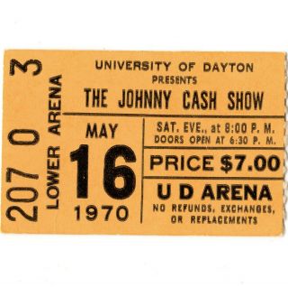 Johnny Cash & The Tennessee Three Concert Ticket Stub Dayton Oh 5/16/70 Rare
