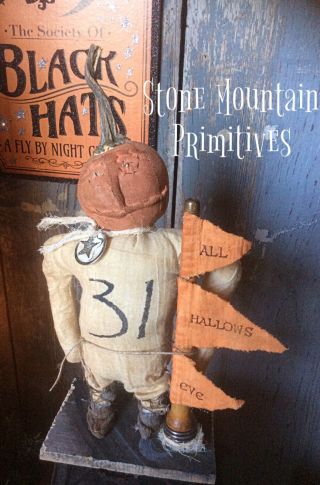 Primitive Folk Art Halloween Standing Jack O Lantern Doll With Stem & Flag