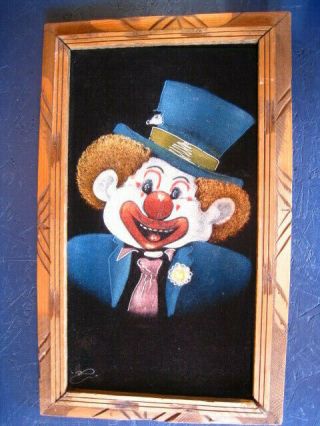 Vintage Black Velvet Happy Clown Framed Signed Painting 14 X 23