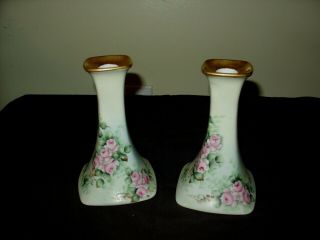 Antique Hand Painted Porcelain Signed Candlesticks Victorian Pained