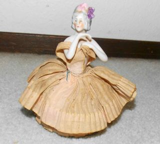 Antique Circa 1900 German Porcelain Half Doll Sewing Pin Cushion - Arms Away
