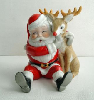 George Good Santa And Rudolph The Red Nose Reindeer Figurine Rare Vintage