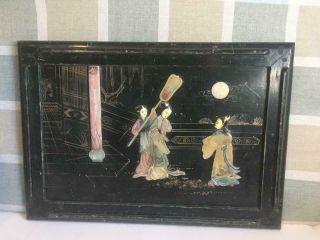 Vintage / Antique Chinese Wood Panel / Plaque Jade/stones Figural Temple Moon