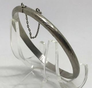 Antique Sterling 925 Silver Etched Hinged Ornate Bangle Bracelet W/ Safety Chain