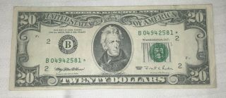 Rare 1995 Star Note (b) $20 Twenty Dollar Bill Federal Reserve B04942581