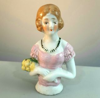 Antique 3 " Porcelain Half Doll Bust Pin Cushion Lady Red Hair Flowers Japan