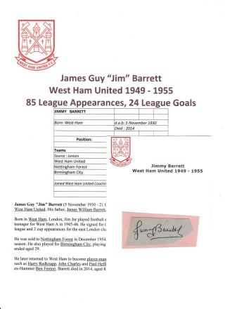 Football Autograph Jim Barrett West Ham United 1949 - 1955 Rare Signature