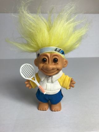 Vintage Troll Doll Russ Tennis Player Yellow Hair Blue Shorts Boy Headband