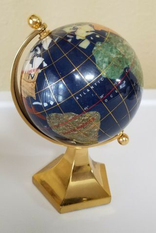 World Globe Inlaid Stones Brass Stand Frame Small 5.  5 " Desk Table Top Rotates