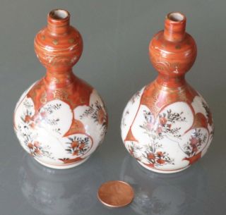 Antique Asian Signed Hand - Painted Mini Satsuma Vases Orange & White W/gold