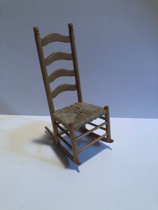 Vintage Dollhouse Miniature Ladder Back Rocking Chair Rush Bottom Woven Seat