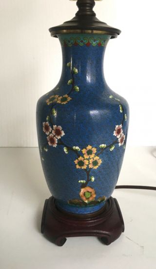Antique Qing Chinese Blue Cloisonne Enamel Vase Lamp Lotus Blossoms