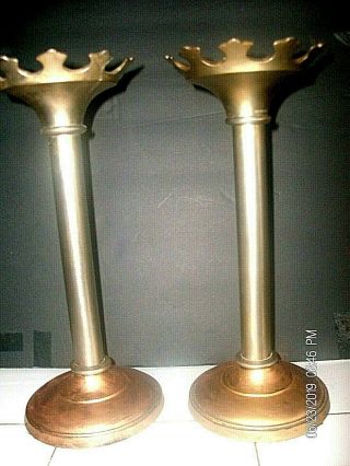 1930 French Church Altar Candlesticks Gothic Art Deco Spelter Gold Leaf & Pewter