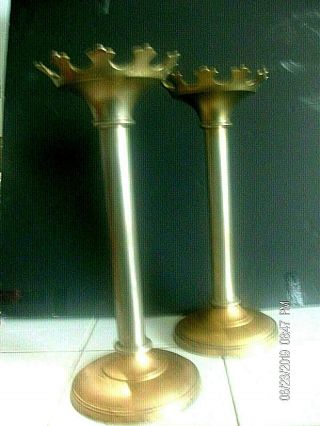 1930 FRENCH CHURCH ALTAR CANDLESTICKS GOTHIC art deco SPELTER GOLD LEAF & PEWTER 2
