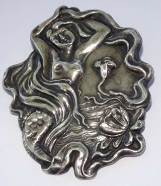 Rare Art Nouveau Sterling Silver Mermaid & Calla Lily Pin