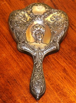 Fine Antique Art Nouveau Sterling Silver Hand Pocket Mirror W/ Dragons & Woman