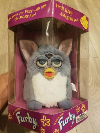 Rare 1998 Furby Blue & White Tuxedo With Blue Eyes & Pink Ears
