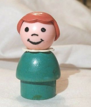 Rare Vintage Fisher Price Little People Turquoise Girl W/ Wooden Body Brown Hair