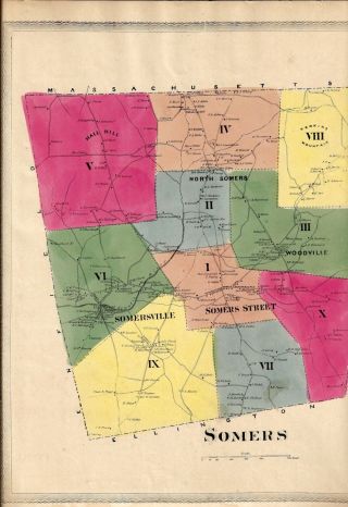 Antique 1869 Somers,  Ct. ,  Hand Colored Map.  & In