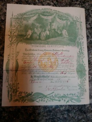 Antique Improved Order Of Red Men Great Council Pennsylvania Certificate