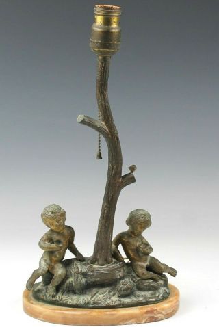 Antique Victorian Style Spelter Desk Lamp W Nude Cherub Putty On Marble Base Rbs
