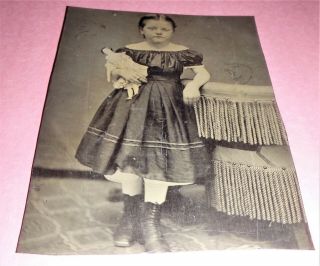 Antique Victorian Tintype Photo Little Girl With A Cloth Fashion Doll 6 " X 4 1/2