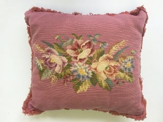 Antique Vintage Wool Needlepoint Seat/chair/pillow Cover Burgundy Floral Garden