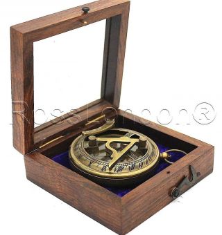 Brass Sundial Compass - Pocket Sundial With Hardwood Box
