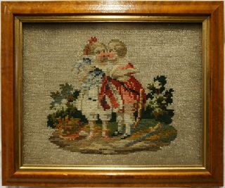 Small Late 19th Century Wool & Bead Work Picture Of A Young Boy & Girl - C.  1880