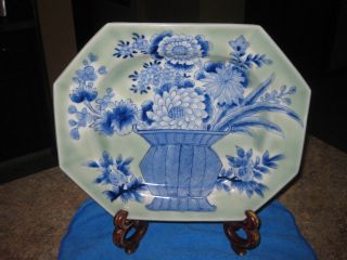 Vintage Antique Chinese Green Celadon Plate Porcelain Tray Flower Basket Marked