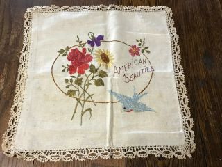Antique Vintage American Beauties Crewel Embroidery Natural Linen Pillow Cover