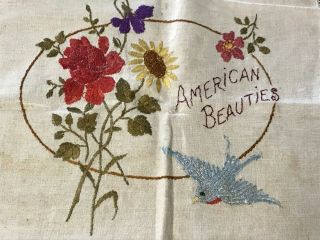 Antique Vintage American Beauties Crewel Embroidery Natural Linen Pillow Cover 2