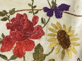 Antique Vintage American Beauties Crewel Embroidery Natural Linen Pillow Cover 3