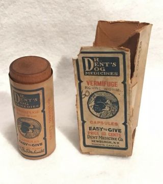 Antique Dr.  Dents Remedies Vermifuge Round Worm Dog Wooden Bottle Veterianarian