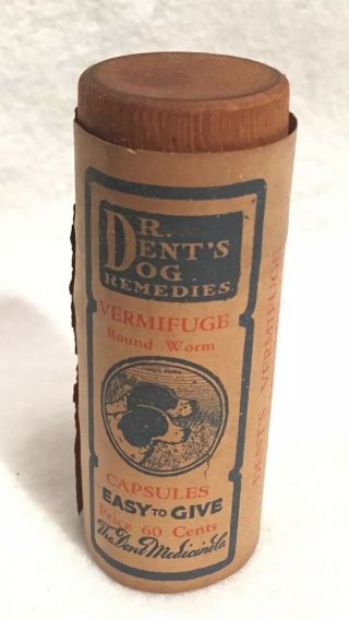 Antique Dr.  Dents Remedies Vermifuge Round Worm dog wooden bottle veterianarian 2
